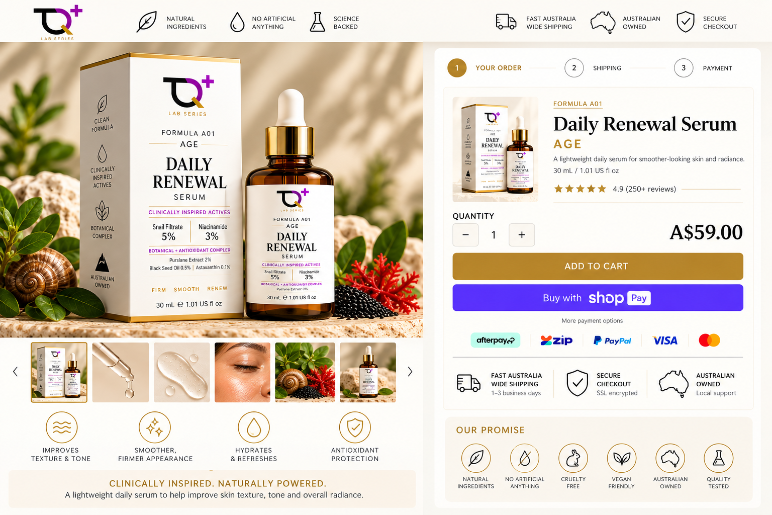 Original TQ+ A01 Daily Renewal Serum checkout design